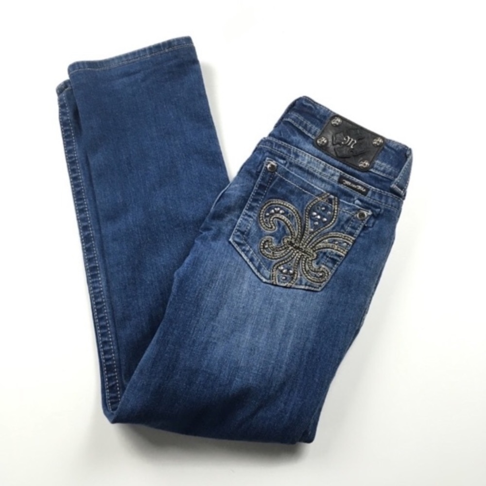 Miss Me Straight Embellished Fleur De Lis Bling Denim Medium Wash Jeansโ Sz 28